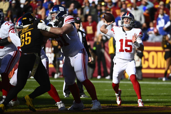 Nov 19, 2023; Landover, Maryland, USA; New York Giants quarterback Tommy DeVito (15) attempts a pass against the Washington Commanders during the first half at FedExField.